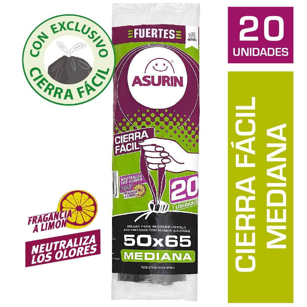 Bolsas de Residuos Asurin Cierre Fácil Sabor Limón 50x65 Cm x 20 Un