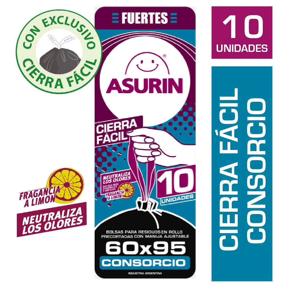 Bolsas de Residuos Asurin Consorcio Cierra Fácil Sabor Limón 60x95 Cm x 10 Un