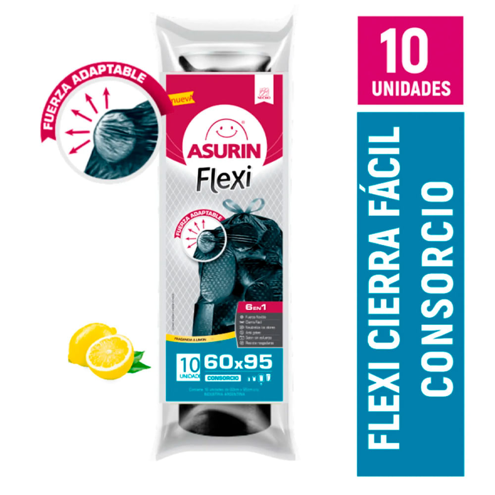 Bolsas de Residuos Asurin Flexi Carga Pesada Sabor Limón 60x95 Cm x 10 Un