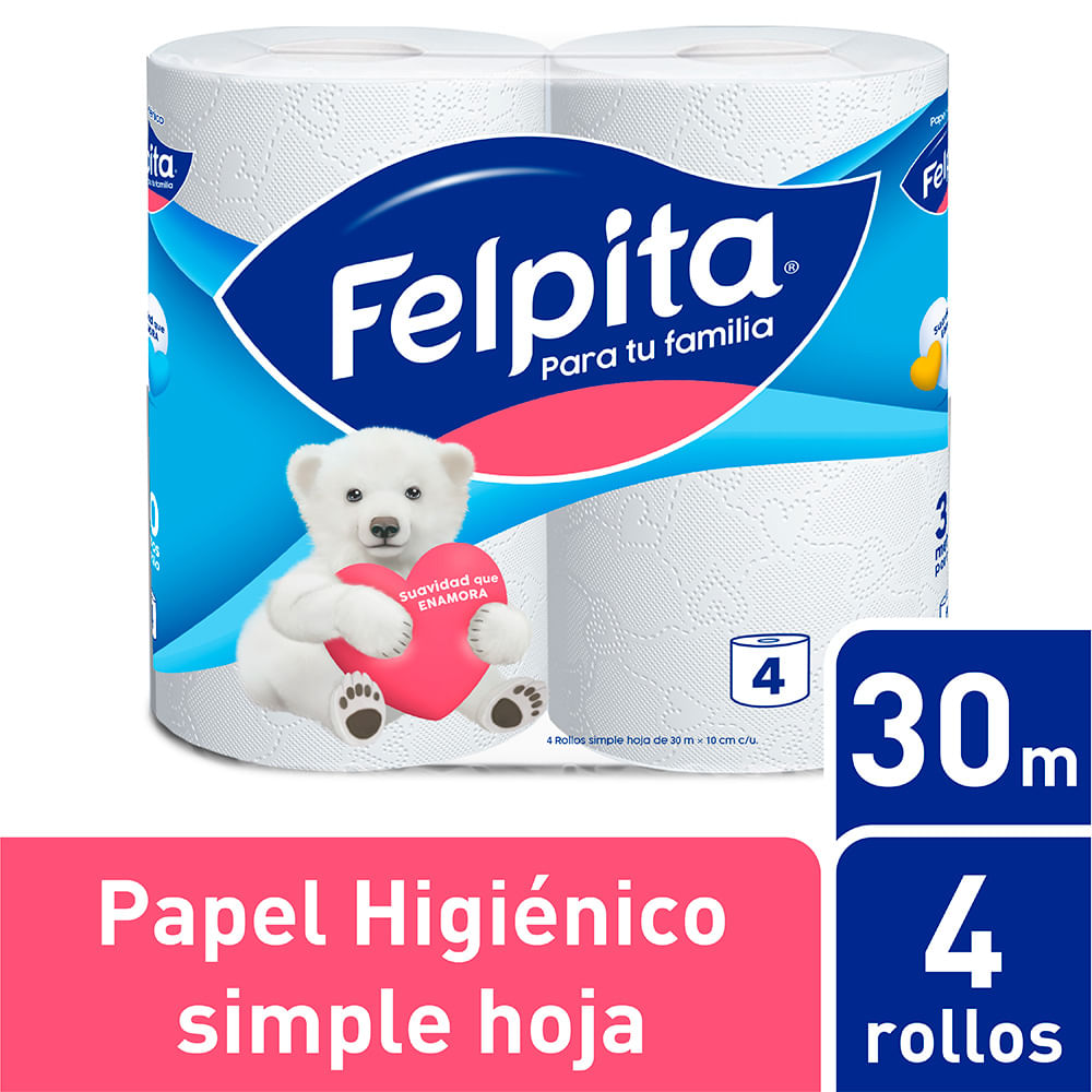 Papel Higiénico Hoja Simple 30 Mts x 4 Un Felpita