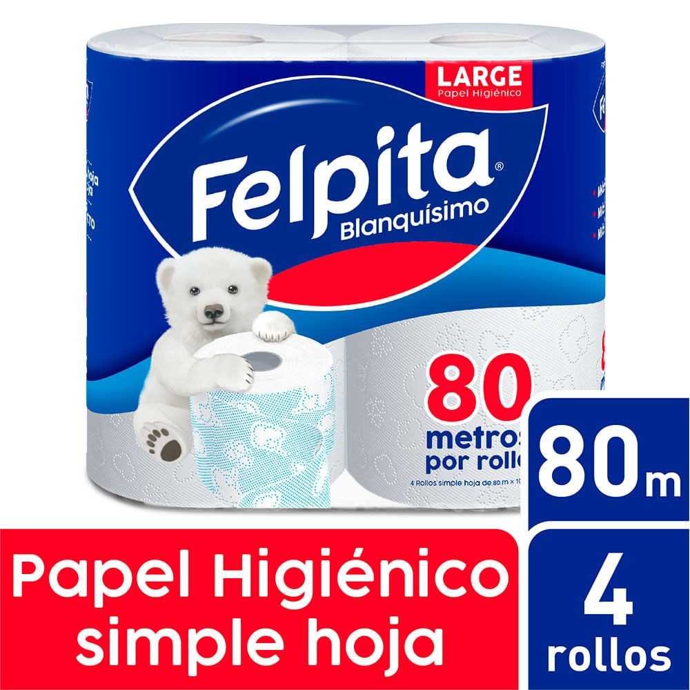 Papel Higiénico Hoja Simple 80 Mts x 4 Un Felpita
