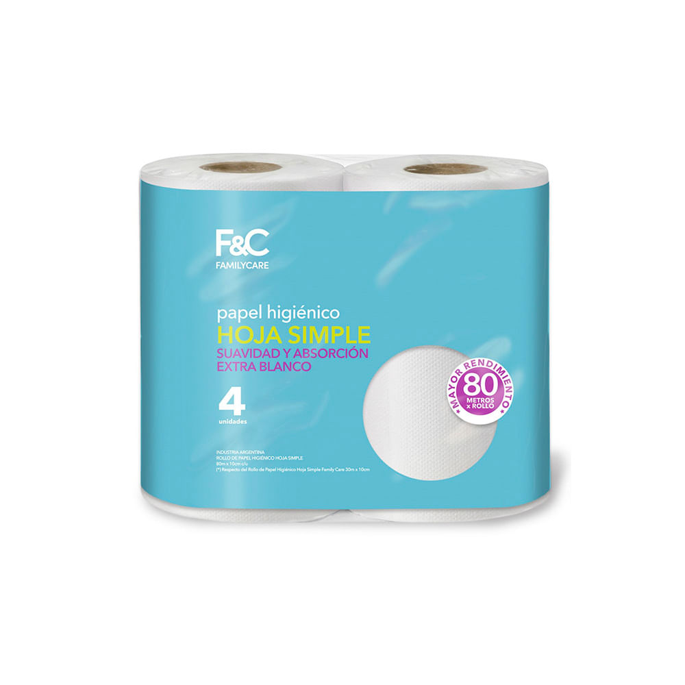 Papel Higiénico Hoja Simple 80 Mts x 4 Un Family Care