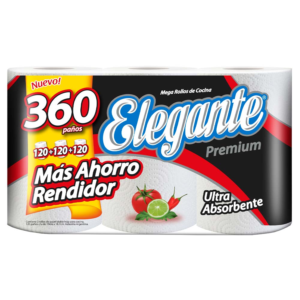 Rollo de Cocina Doble Hoja 360 Paños x 3 Un Elegante